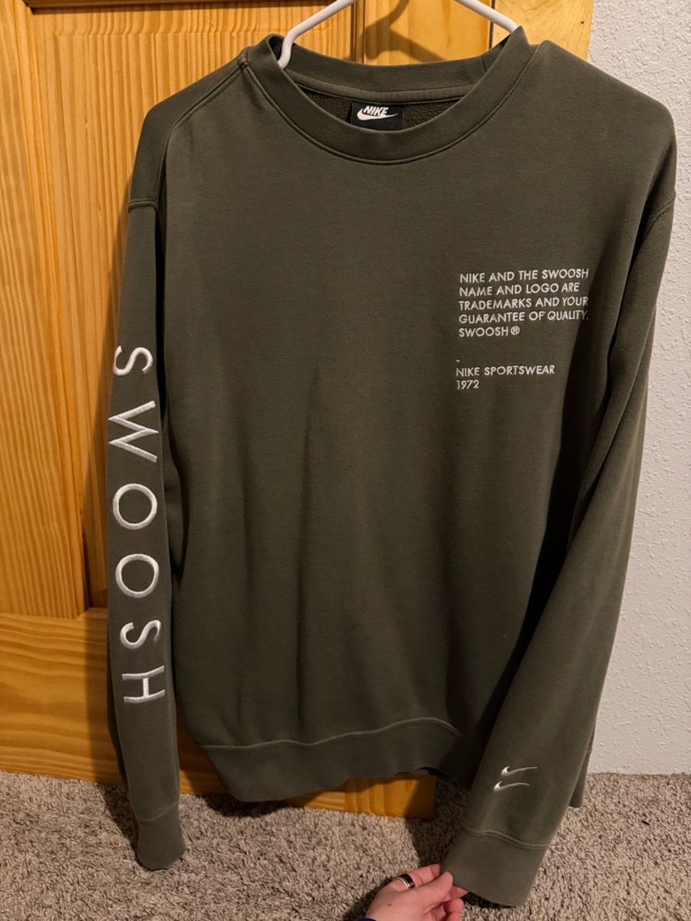 Nike Olive Green Crewneck with White Swoosh Sleeve Text